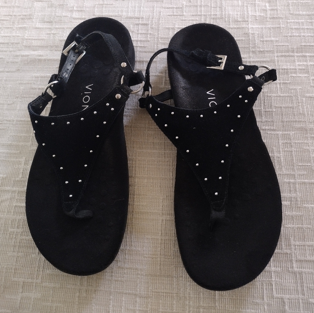 Vionic Margot Studded  Suede Black Sandals Adjustable Buckle Arch Support  7